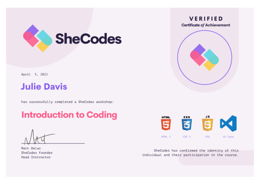 sheCodes certification web development