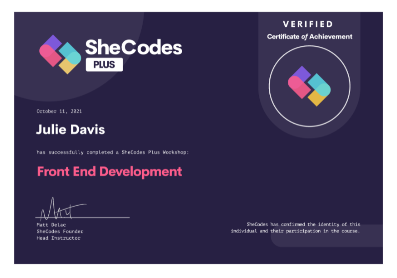 sheCodes Certificate front end web development